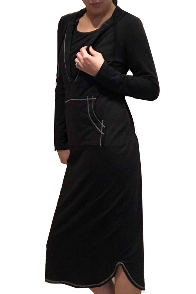 Lydia Long Sleeve Nursing Hoodie Lounge Dress (Black)
