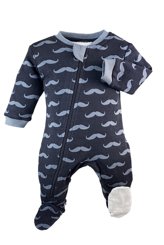 ZippyJamz Organic Baby Footed Sleeper Pajamas w. Inseam Zipper for Easy Changing (Mr Moustache)