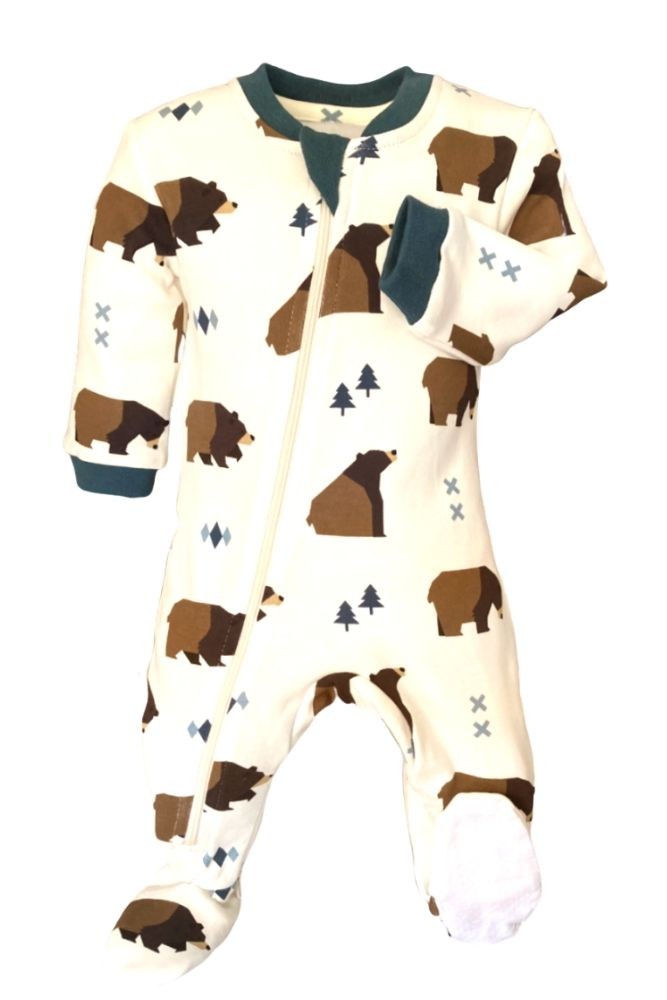 ZippyJamz Organic Baby Footed Sleeper Pajamas w. Inseam Zipper for Easy Changing (Little Grizzle)