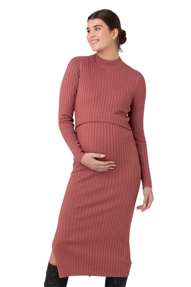 Nella Ribbed Knit Maternity & Nursing Dress (Rouge)