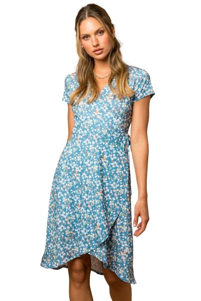 Reyanne Faux Wrap High-Low Hem Dress (Blue Ditsy Floral)