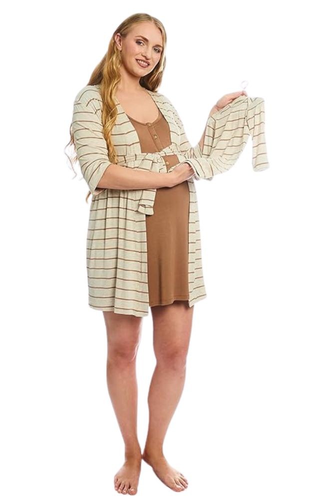 Carolyn Maternity & Nursing 4-Piece Gown & Robe PJ Set (Mocha Stripe) Carolyn Maternity & Nursing 4-Piece Gown & Robe PJ Set (Mocha Stripe)