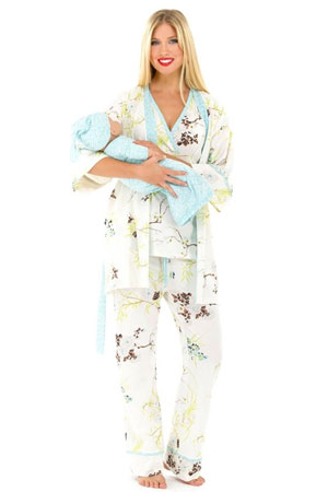 Olian Rose 5-Piece Nursing PJ Set with Baby Outfit (Blue Floral Asian Print)