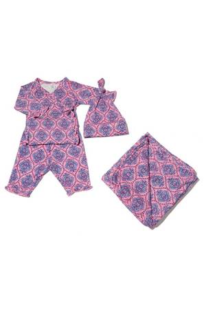 Baby Grey 4-pc. Gift Set (Ruffled Kimono top & Pant, Cap & Blanket) (India Floral)