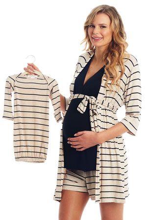 Adaline 5-Pc Nursing PJ Short Set with Baby Gown & Knotted Hat Set (Sand Stripe)