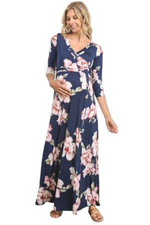 Amelia 3/4 Sleeve Wrap Front Maternity & Nursing Maxi Dress (Navy Floral)