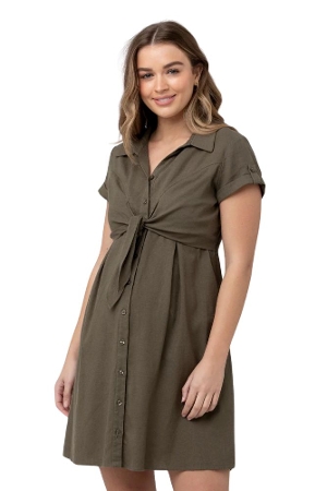 Ripe Colette Tie Up Linen Dress (Olive) by Ripe Maternity