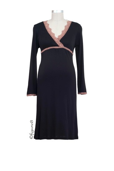 Esme Soft Modal Rib Long Sleeve Nursing Gown (Black/Mocha)