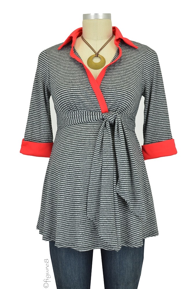 Empire Front Tie Knit Maternity Shirt (Mini Stripes with Red)