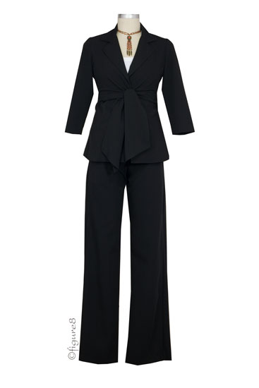 Audrey 3/4 Sleeve Front Tie Jacket & Slim Pant - 2-pc Suit Set (Black)