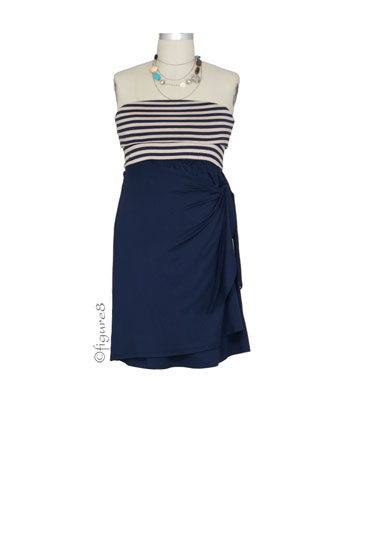 Nautical Strapless Wrap Maternity Dress (Navy/Tan Stripes)
