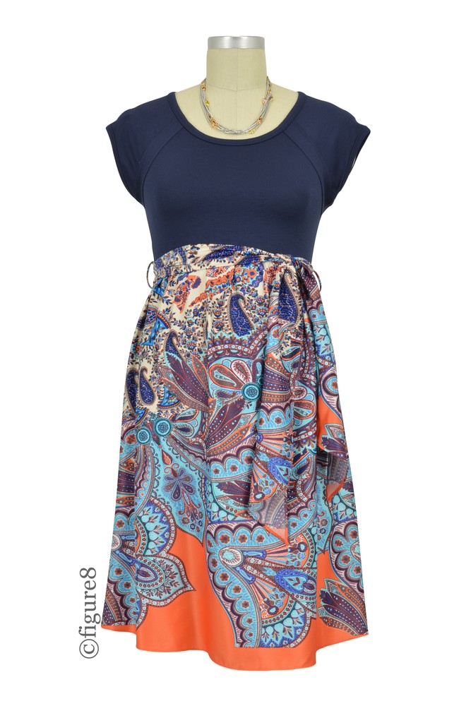 Harper Scoop Neck Front Tie Maternity Dress in Navy Paisley Print by  Maternal America