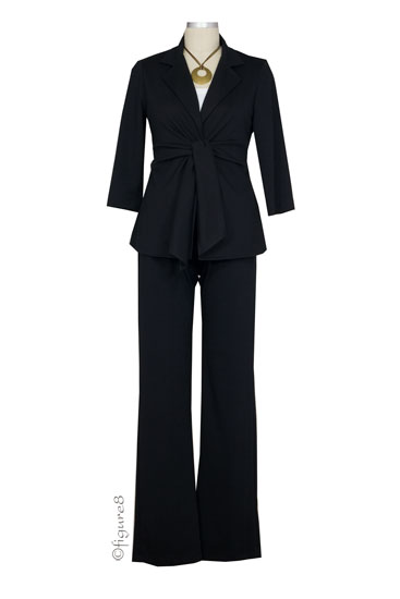 Daniela 3/4 Sleeve Front Tie Ponte Jacket & Slim Pant - 2-pc Suit Set (Black Ponte)
