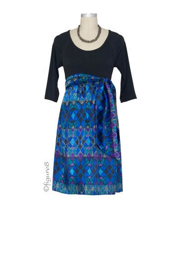 MA Scoop Neck Front Tie Maternity Dress (Black/Blue Mosaic Print)