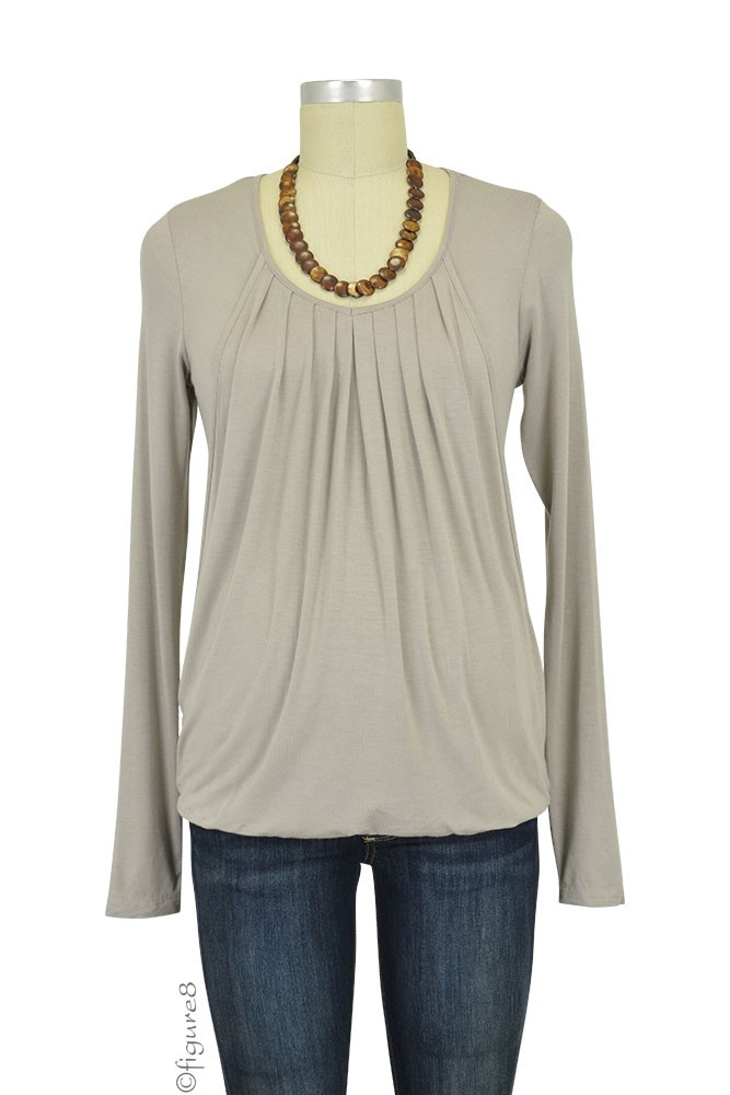 Slouchy Pleated Long Sleeve Maternity & Nursing Top by Mothers en Vogue (Light Taupe)