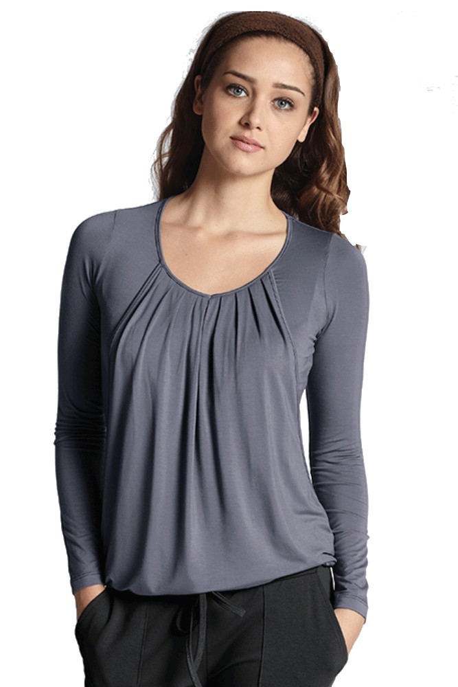 Slouchy Pleated Long Sleeve Nursing Top (Pewter Iron)