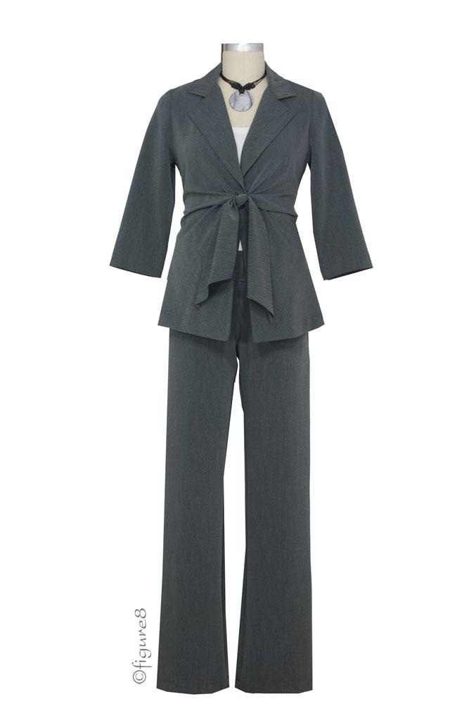 Audrey 3/4 Sleeve Front Tie Jacket, Skirt & Relaxed Pant - 3-pc Suit Set (Charcoal)