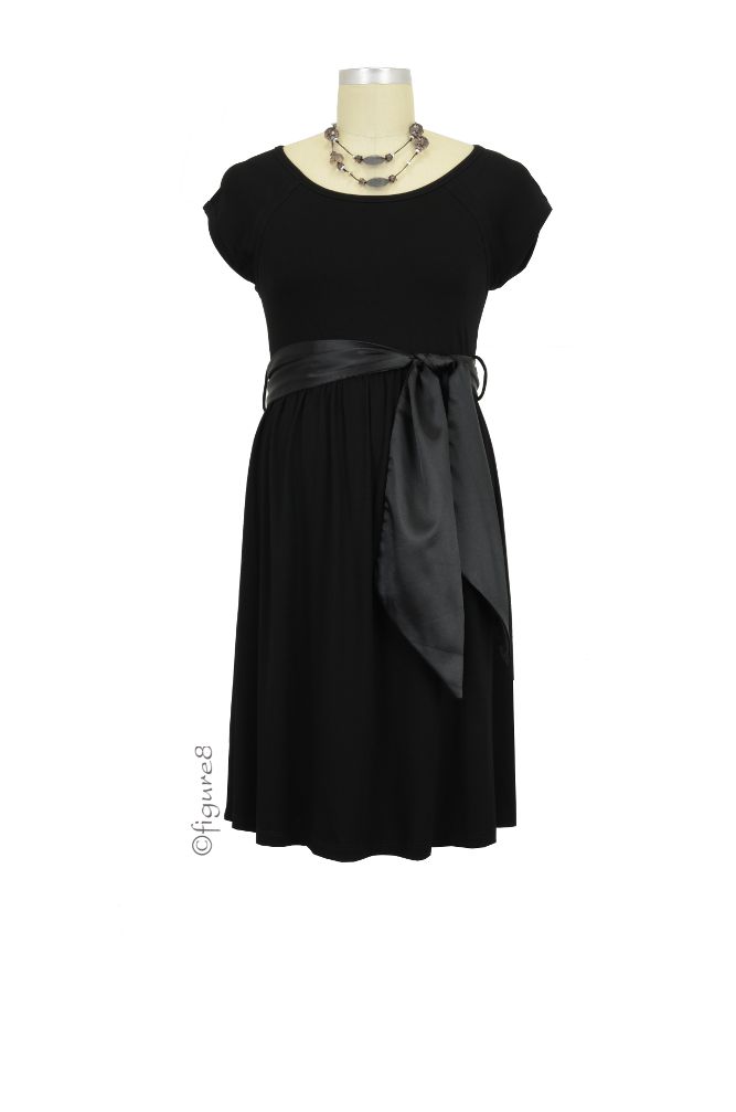 MA Scoop Neck Satin Front Tie Maternity Dress (Black)