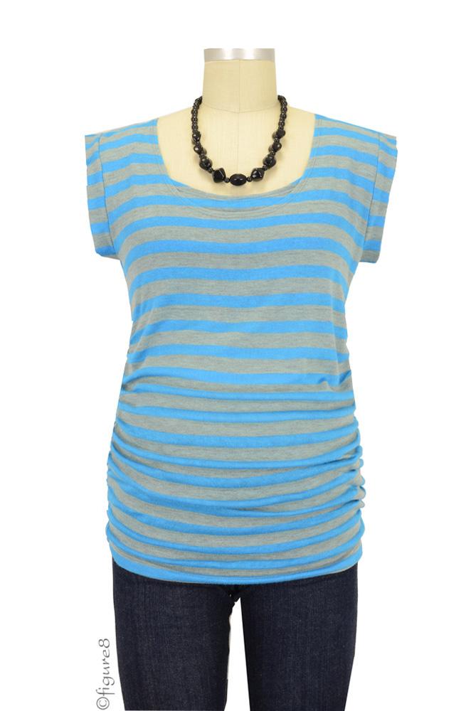 D&A Striped Side Ruched Nursing Top w/Tie Back (Sky Blue Thin Stripes)