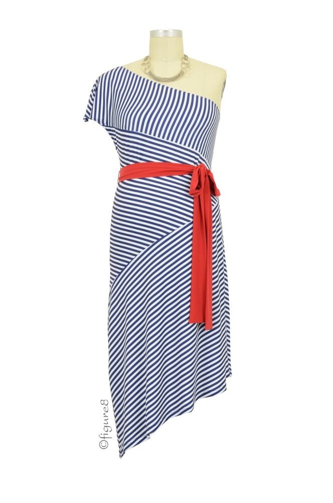 Trina Striped One Shoulder Maternity Dress (Marine with Red)