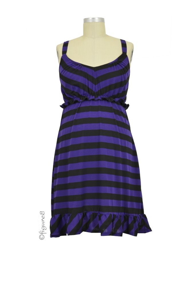 Lisa Ruffle Nursing Gown (Black & Purple Stripe)