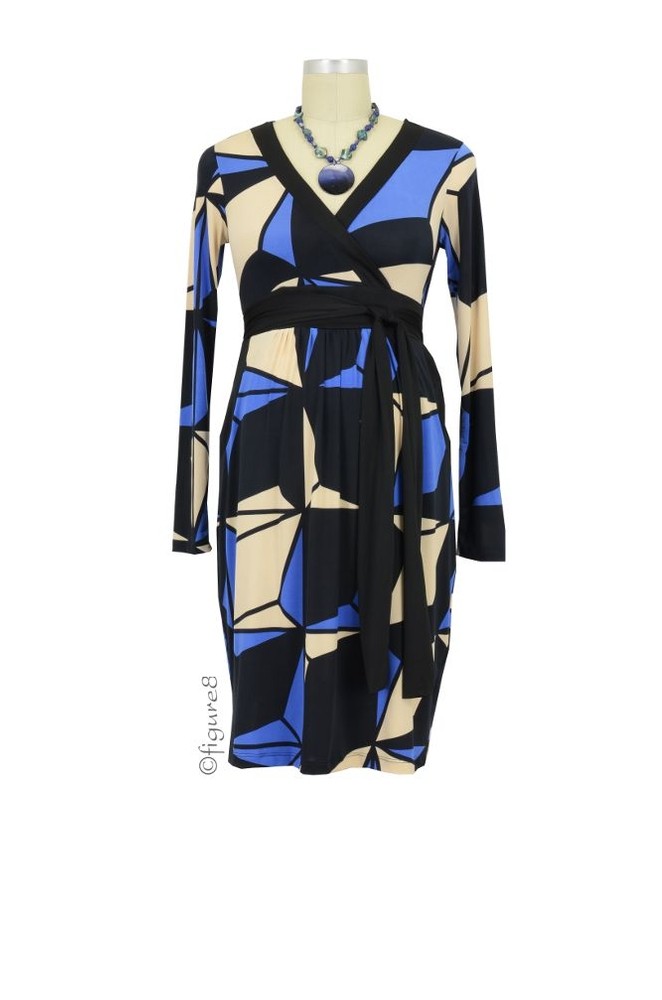 Ciara Wrap Maternity Dress (Blue & Beige Geometric Print)