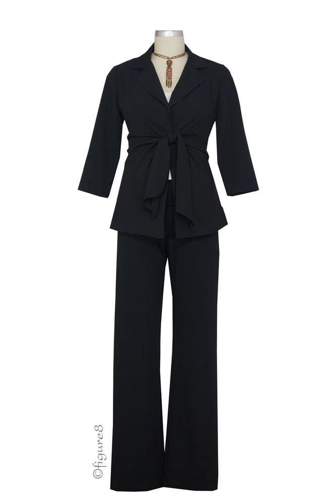 Audrey 3/4 Sleeve Front Tie Jacket & Relaxed Pant - 2-pc Suit Set (Black)