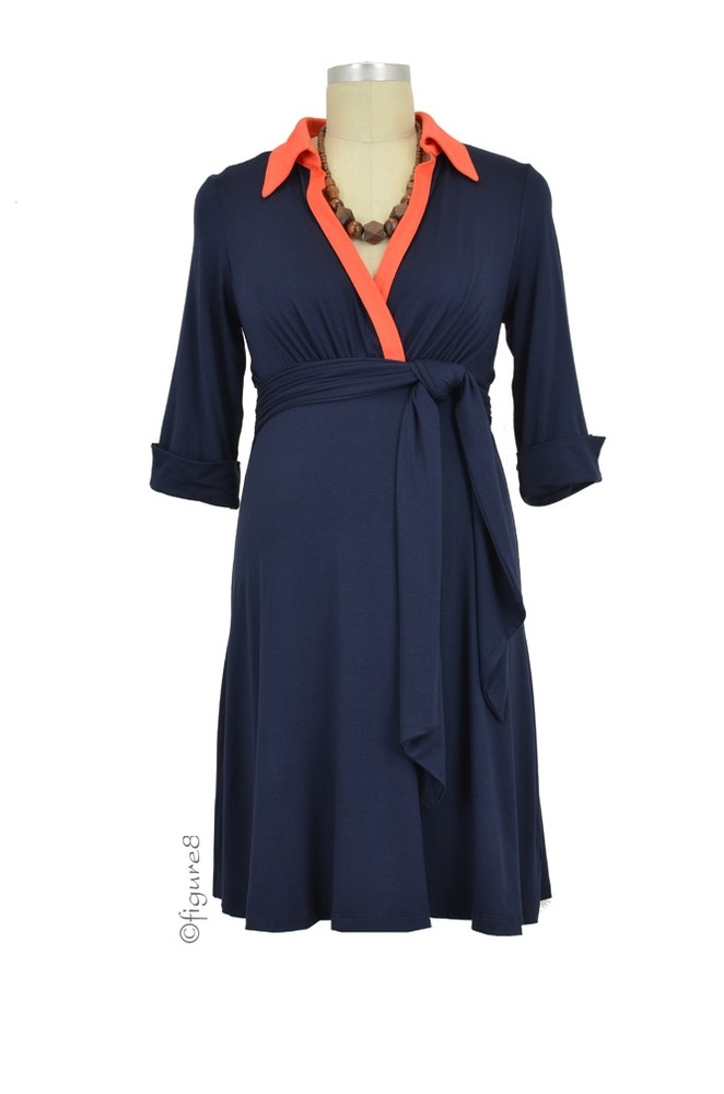 Maternal America Front Tie Maternity Shirt Dress (Navy with Orange)