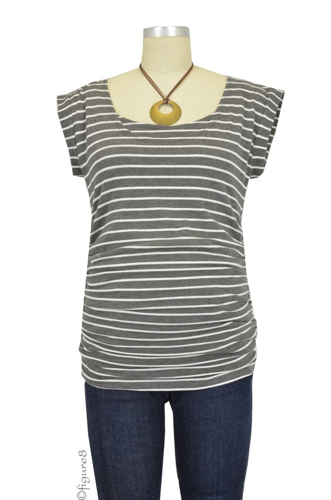 Striped Side Ruched Nursing Top w/Tie Back (Heather Grey and White Stripes)