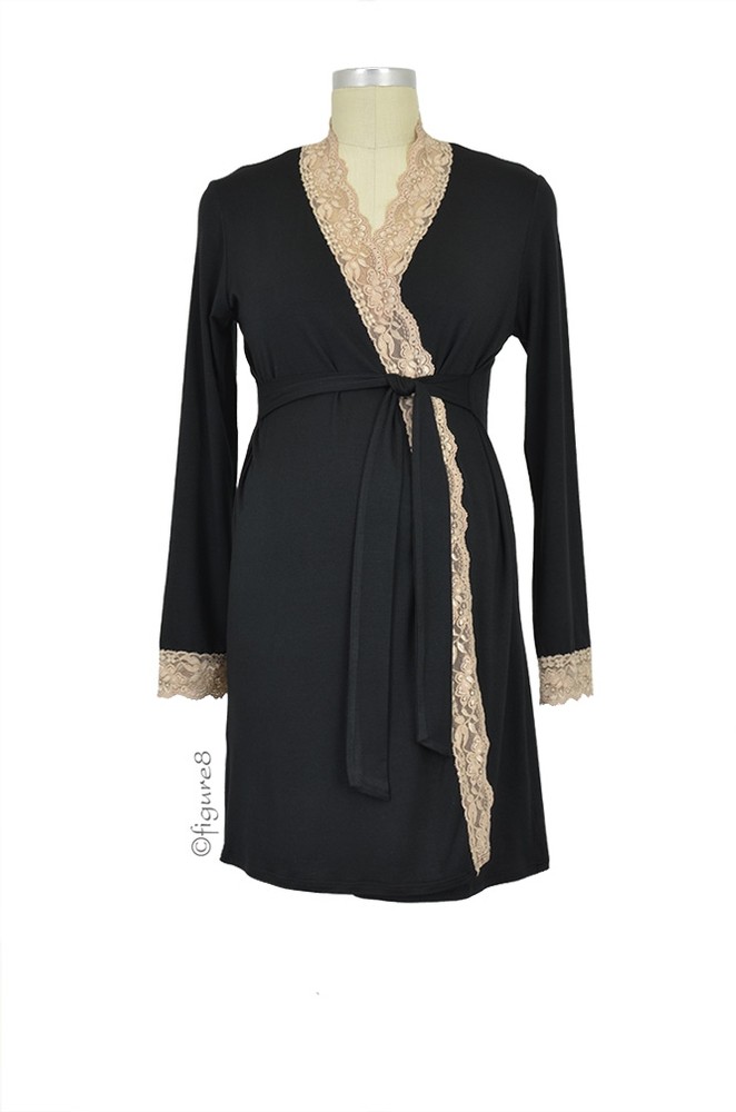 Baju Mama Emma Long Sleeve Lace Trim Robe in Black/Cream Lace
