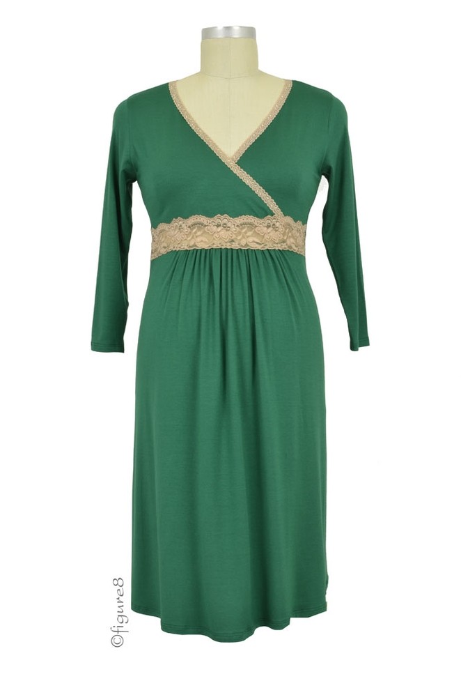 Baju Mama Emma Modal-Lace Nursing Night Dress (Hunter Green/Cream Lace)