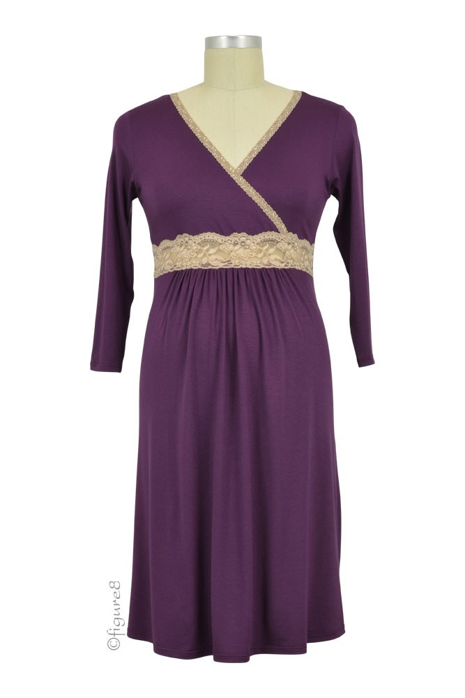Baju Mama Emma Modal-Lace Nursing Night Dress (Eggplant/Cream Lace)