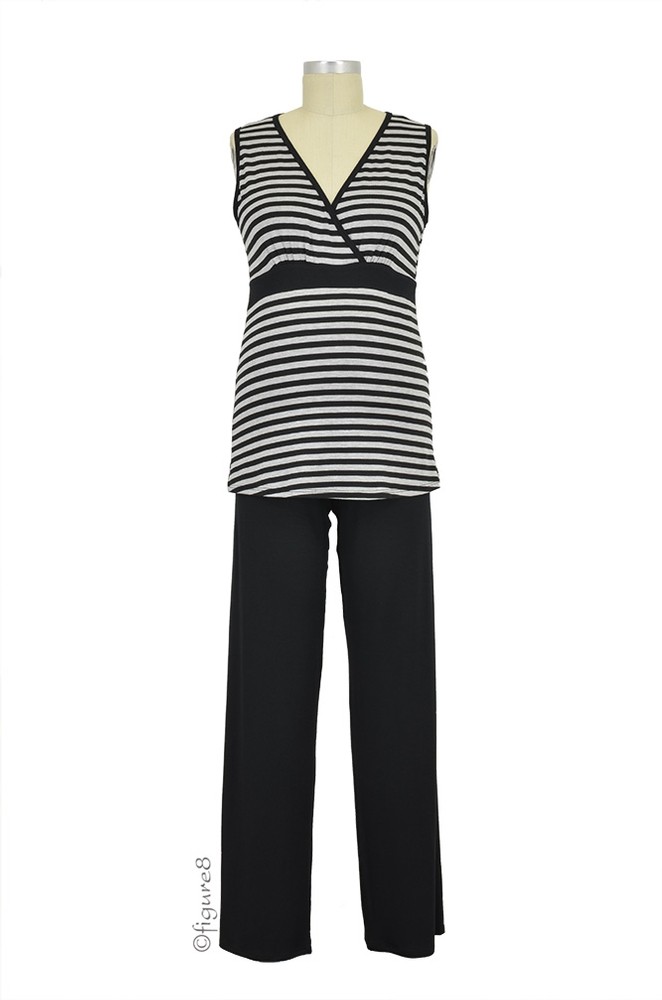Baju Mama Jane Modal Sleeveless Nursing PJ Set (Heather Grey/Black Stripe)