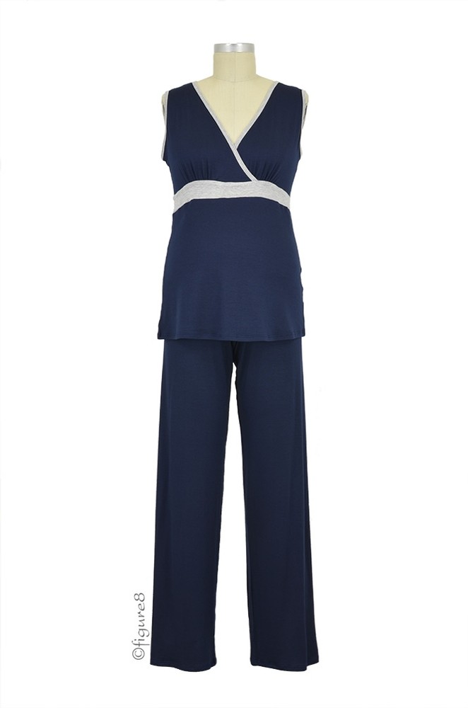 Baju Mama Jane Modal Sleeveless Nursing PJ Set (Navy/Heather Grey)