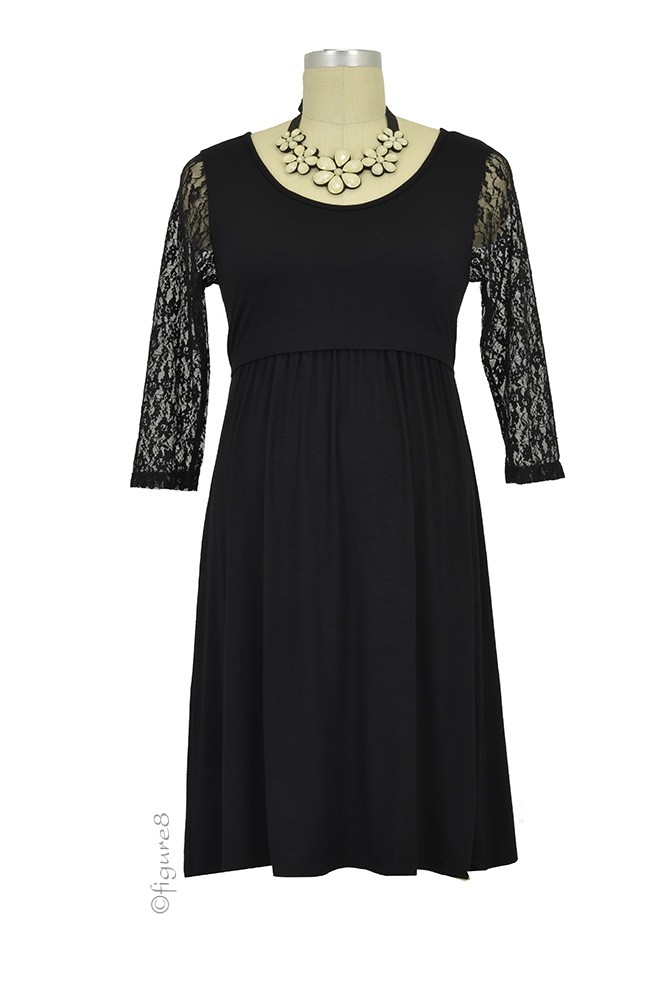 Julia Laced-Sleeve Nursing Dress (Black)