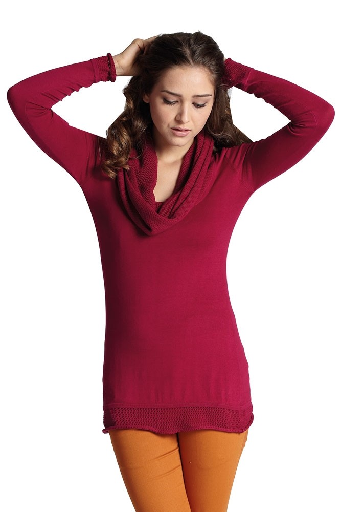 Aria Open-Stitch Cowlneck Nursing Sweater (Cherry Red)