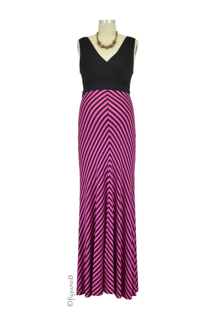 Baju Mama Tiffany Colorblock Stripes Maternity Dress (Black & Fuchsia Stripes)