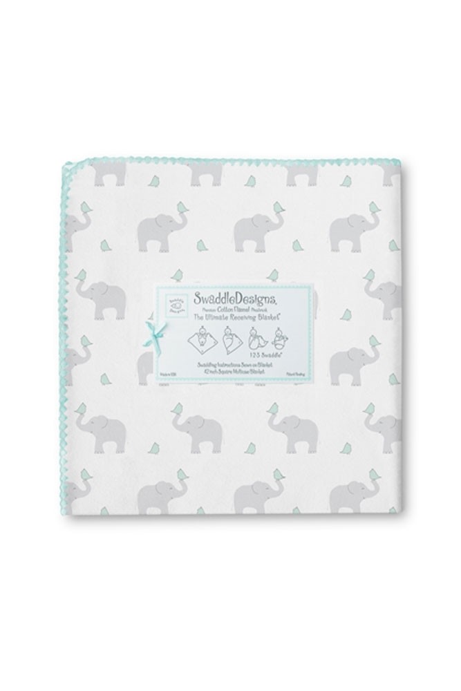 Swaddle Designs Ultimate Receiving Blanket - Elephants & Chickies (Sunwashed Aqua)