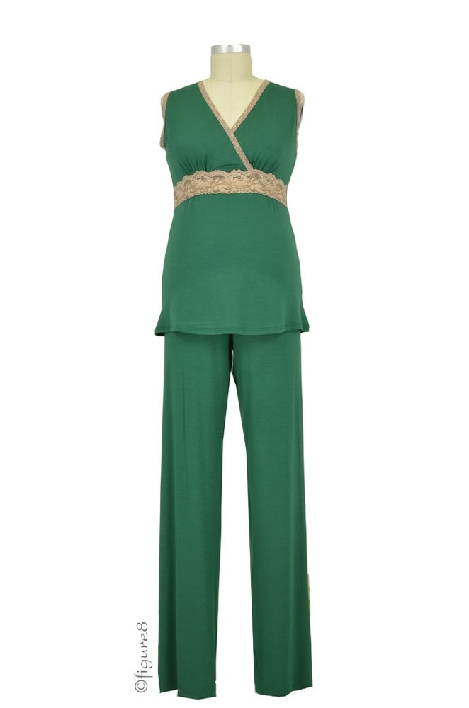 Baju Mama Emma Modal-Lace Sleeveless Nursing PJ Set (Hunter Green/Cream Lace)