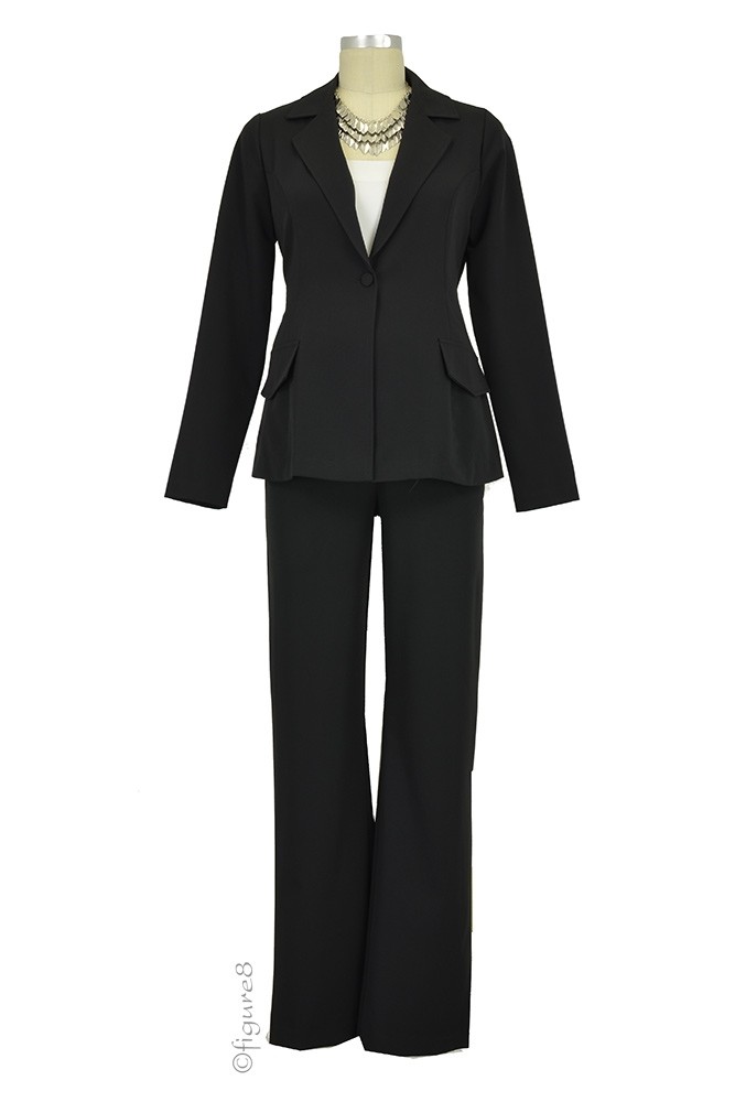 Audrey One Button Blazer & Relaxed Pant - 2-pc Maternity Suit Set (Black)