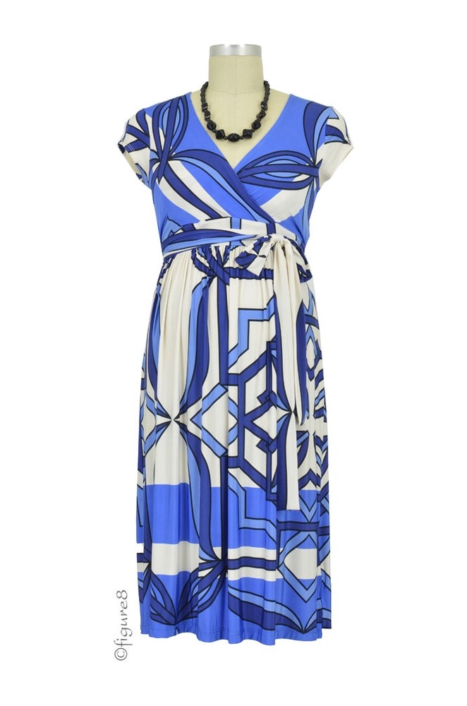 Isla Maternity Dress (Blue & Beige Geometric Print)