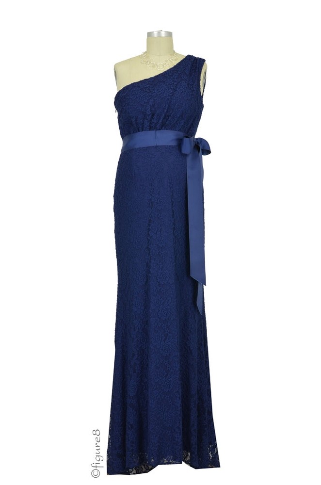 Evelyn One-Shoulder Lace Maternity Gown with Sash (Navy)