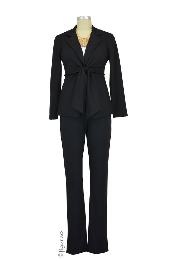Daniela Long Sleeve Front Tie Ponte Jacket & Slim Pant - 2 pc Suit Set (Black)