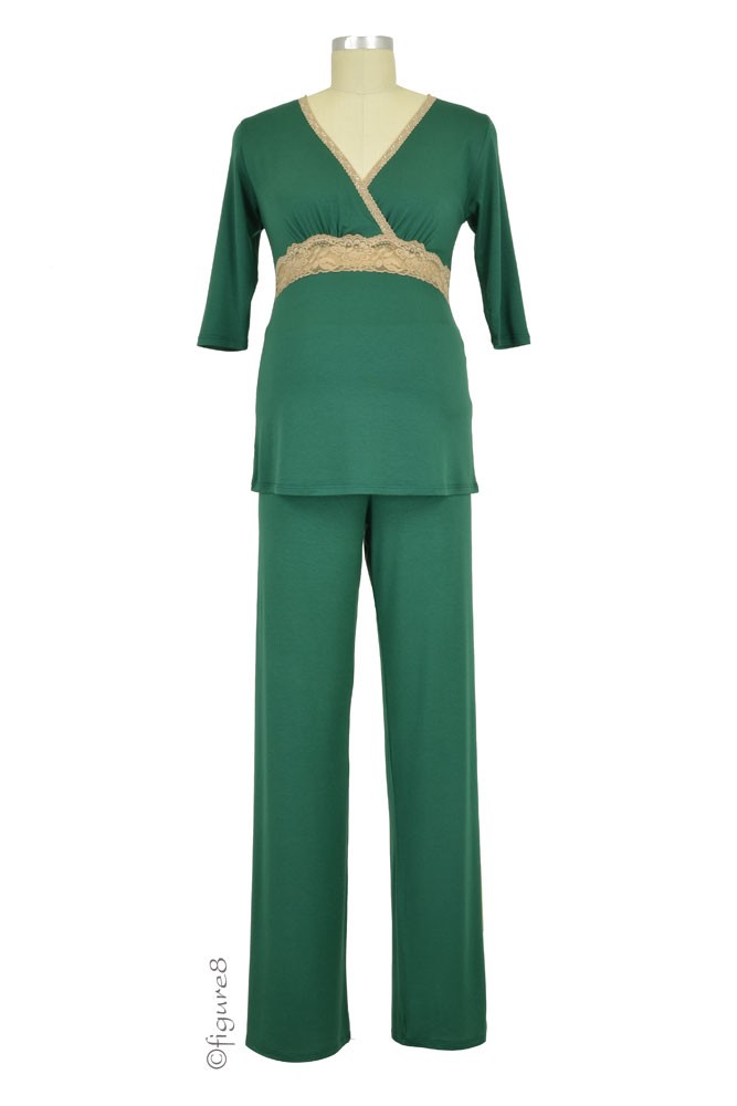Baju Mama Emma 3/4 Sleeve Nursing PJ Set (Hunter Green/Cream Lace)
