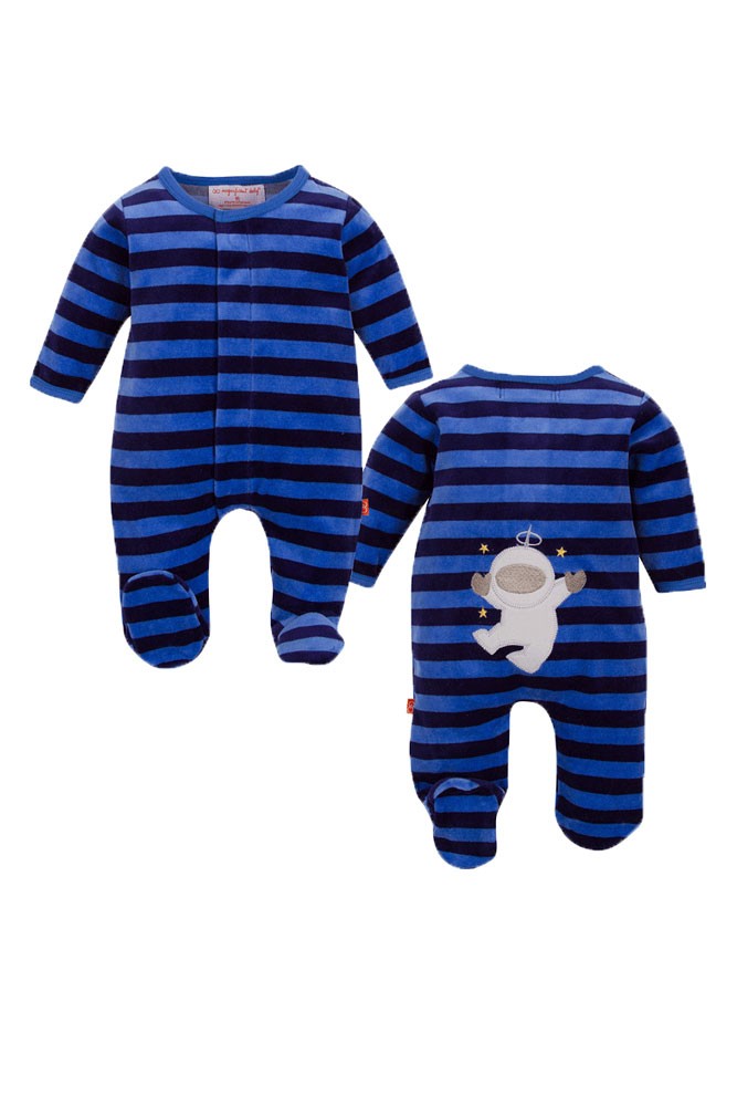 Magnificent Baby Boy's Velour Footie with Applique (Midnight/Sky Stripes)