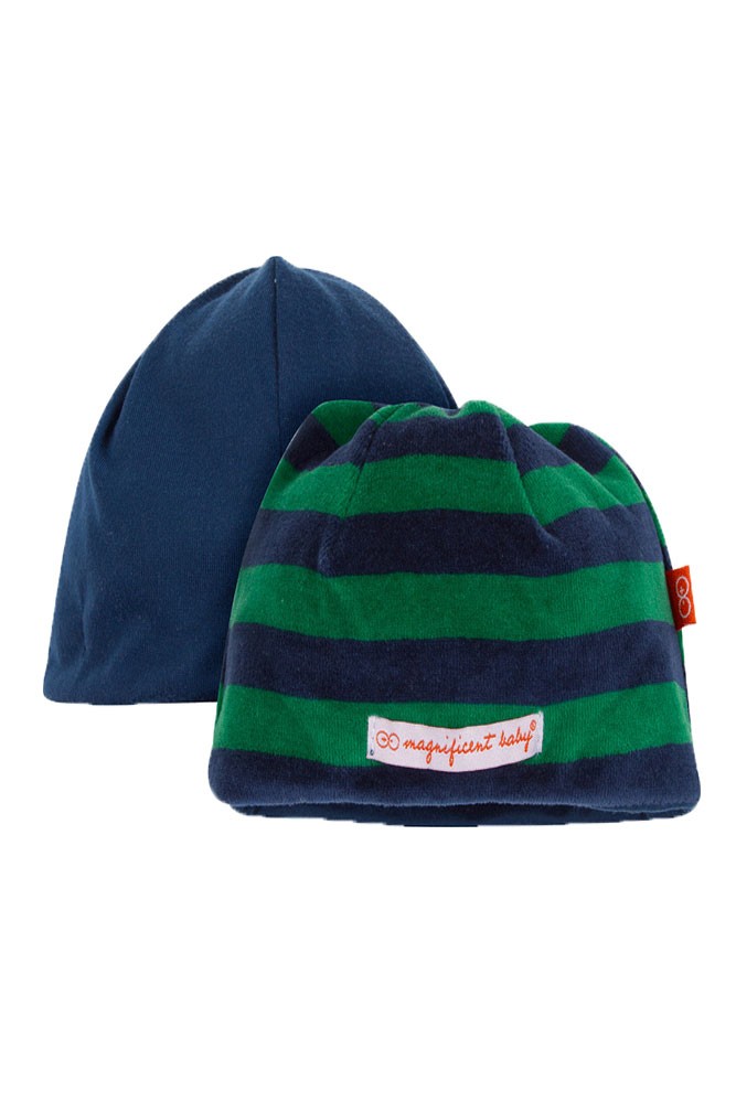 Magnificent Baby Magnetic Me™ Reversible Baby Boy Velour Cap (Green/ Navy Stripes)