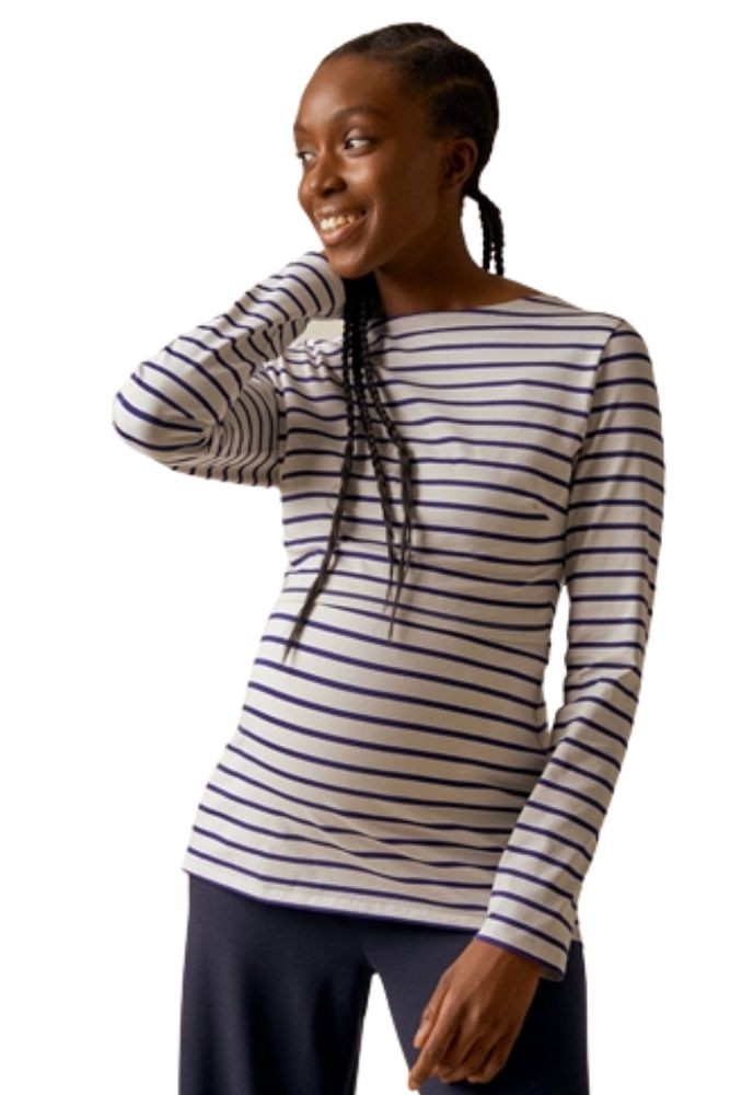 Boob Design Simone Long Sleeve Organic Maternity & Nursing Top (Oatmeal/Cobalt Stripe)