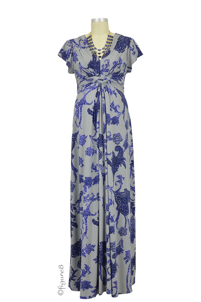 Seraphine Ophelia Knot Front Maternity Maxi Dress (Blue Paisley)