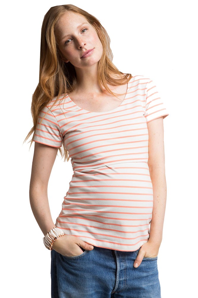 Boob Design Simone Organic Short Sleeve Maternity & Nursing Top (Stripe Off-White/ Melon)