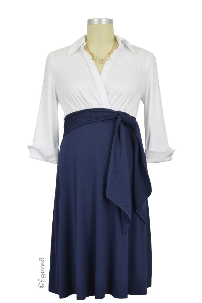 Colleen Front Tie Maternity Shirt Dress (White & Navy)